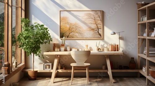 Poster mock up in home interior background, home office, Scandi-boho style, 3d render. Created with generative ai. © Muzaffer Stock