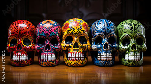 Set of multicolored sugar skulls. Day of the dead concept. Assortment of Dia de los muertos traditional skulls. Dead day traditional skull variety. AI generated