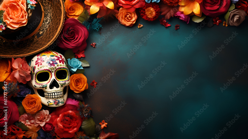 Day of the dead dark background with Skull mask, mexiacan hat and flowers. Holiday banner with traditional skull for postcard, poster, web site, greeting invitation, Copy Space. AI generated