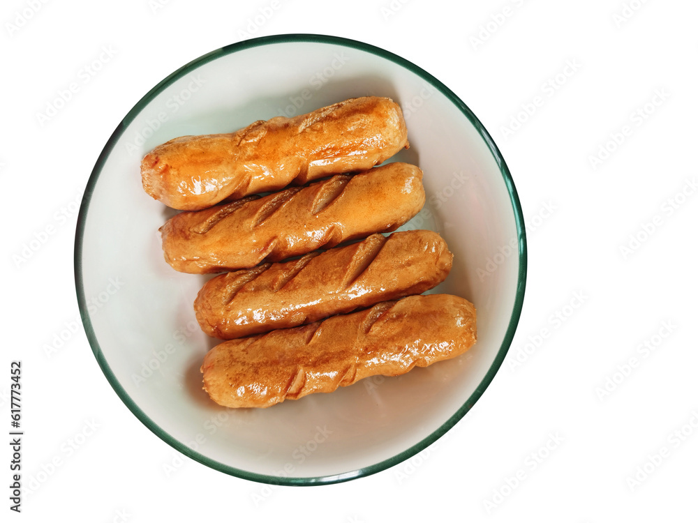 Four fried sausages in a white plate  PNG transparent