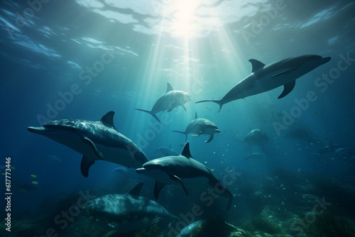 A detailed illustration of a group of marine animals  such as dolphins or whales  in a stunning and majestic ocean environment  Generative AI