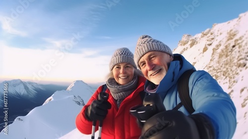 Happy smile elderly couple of hikers in the ascent to the summit take a selfie phone on the snow highlands landscape around