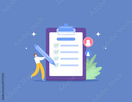 Questionnaire or checklist. A respondent who fills out a survey. Put a check mark on a form paper. answer questions. collect and obtain information from respondents. illustration concept design