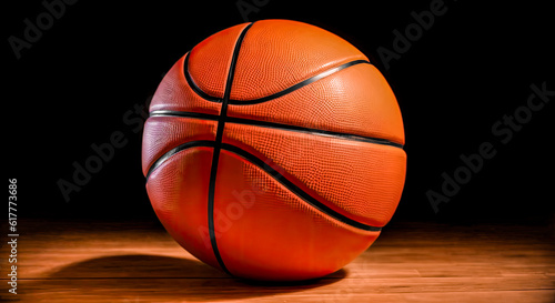 basketball ball on wooden floor and black background. orange ball on hardwood basketball court. Generative AI © Celt Studio