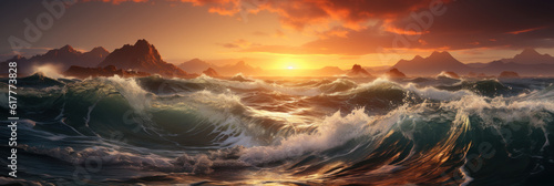 Sea waves at sunset, banner, background for the site. AI generative.