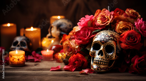 Day of the dead background with skull mask, candles and flowers, front view, close up. Holiday banner with dia de los muertos skull for postcard, poster, web site, greeting invitation. Copy Space. AI photo