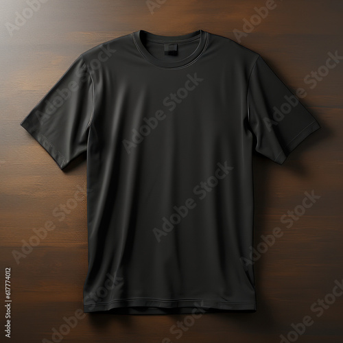 mockup. Black t-shirt on a wooden background. AI generative.