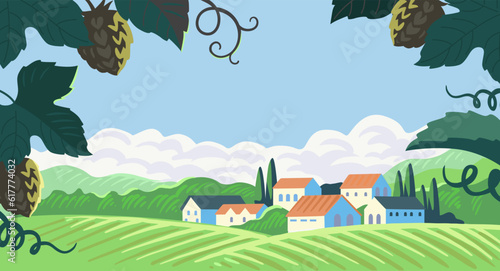Landscape with hop leaf. Village landscape.