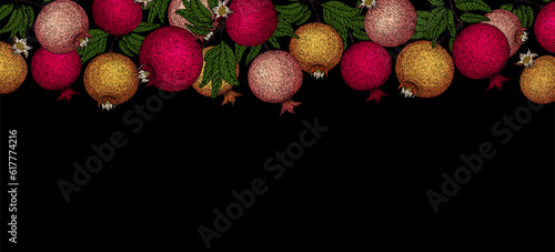 Pomegranate banner. Pomegranate plant branch with fruits. Vintage Pomegranates border. Hand drawn ink style fruit background. Pomegranate tree, ripe fruit. Rosh hashanah print. Textile, fabric texture