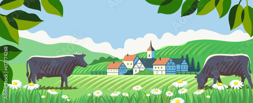 Cows in farm cartoon. Rural countryside landscape with meadow and leaf tree