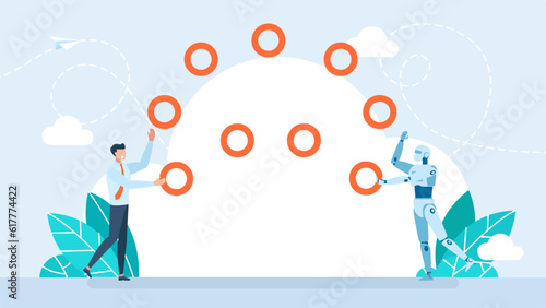 Cooperation between man and artificial intelligence. Businessman and robot juggling. Virtual Reality or Artificial Intelligence Technology, Partnership with a robot concept. Vector flat illustration