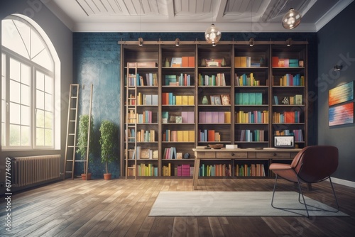 Interior of a contemporary library with bookshelves, wooden floors, bench, and wall mounted mock up banners. Generative AI