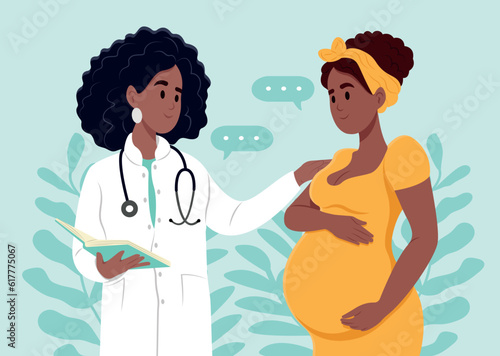 Black female doctor in white medical uniform talking about results or symptoms with african pregnant woman.