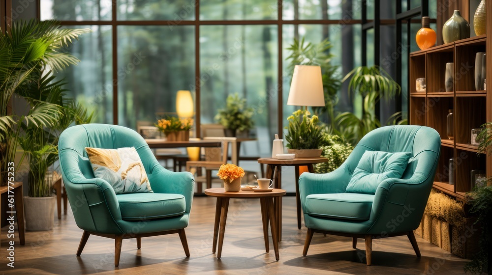 Fototapeta premium Home interior mock-up with turquoise armchairs, table and pampas, 3d render. Created with generative AI.
