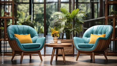 Home interior mock-up with turquoise armchairs  table and pampas  3d render. Created with generative AI.