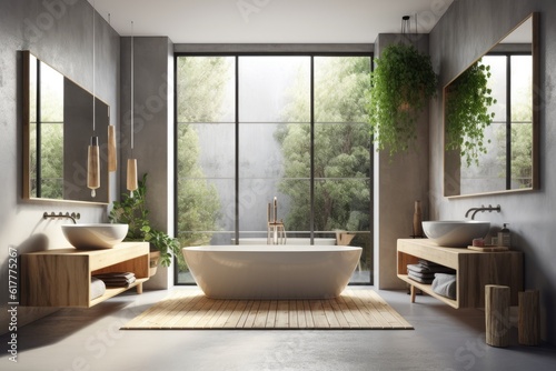 Interior of a Scandinavian bathroom with white bathtub and double sinks, gray walls, a concrete floor, and wide windows. a mockup. Generative AI © Vusal