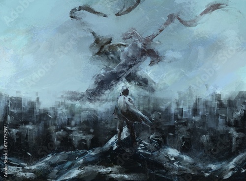 Картината върху платно man looking the giant swords , god myth and Legend ,digital art, Illustration painting