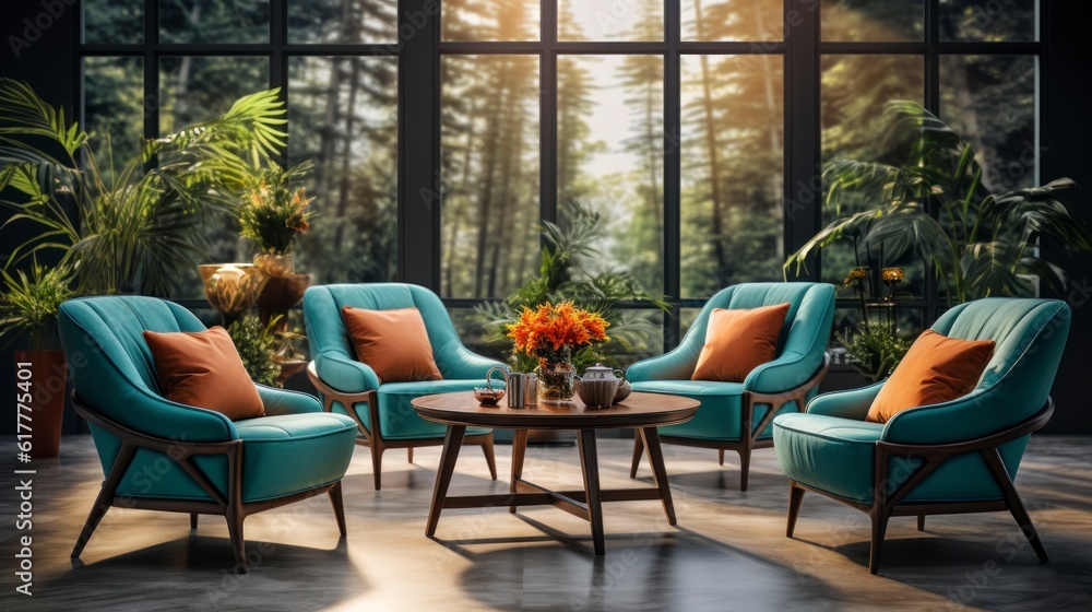 Fototapeta premium Home interior mock-up with turquoise armchairs, table and pampas, 3d render. Created with generative AI.