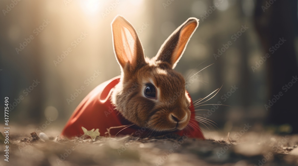 Obraz premium Cloaked Champion: Rabbit in a Hero's Ensemble Protects the Meadow's Tranquility
