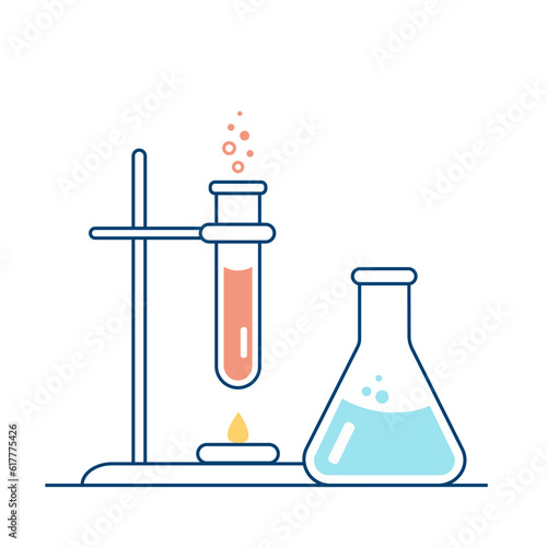 Round and flat-bottomed flasks, test tubes with solutions and reagents. Chemical reaction. Illustration on the topic of chemistry, biotechnology, biology.