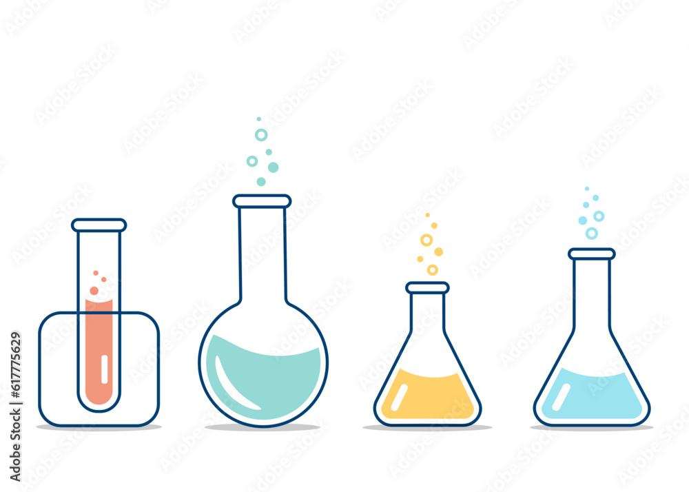Round and flat-bottomed flasks, test tubes with solutions and reagents. Chemical reaction. Illustration on the topic of chemistry, biotechnology, biology. Round and flat-bottomed flasks, test tubes with solutions and reagents. Chemical reaction. Illustration on the topic of chemistry, biotechnology, biology.