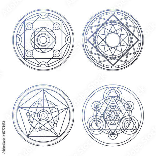 Set of 4 gray alchemy circles. Magic geometric circles