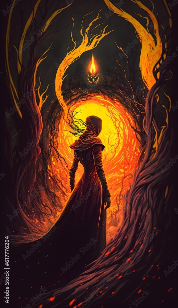 a crimson forest witch walking throw a yellow swirling vortex black shades and wraiths calling from within 