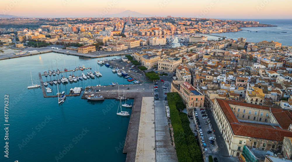 Aerial View of Ortigia Island in Syracuse at Dawn, Sicily, Italy, Europe, World Heritage Site