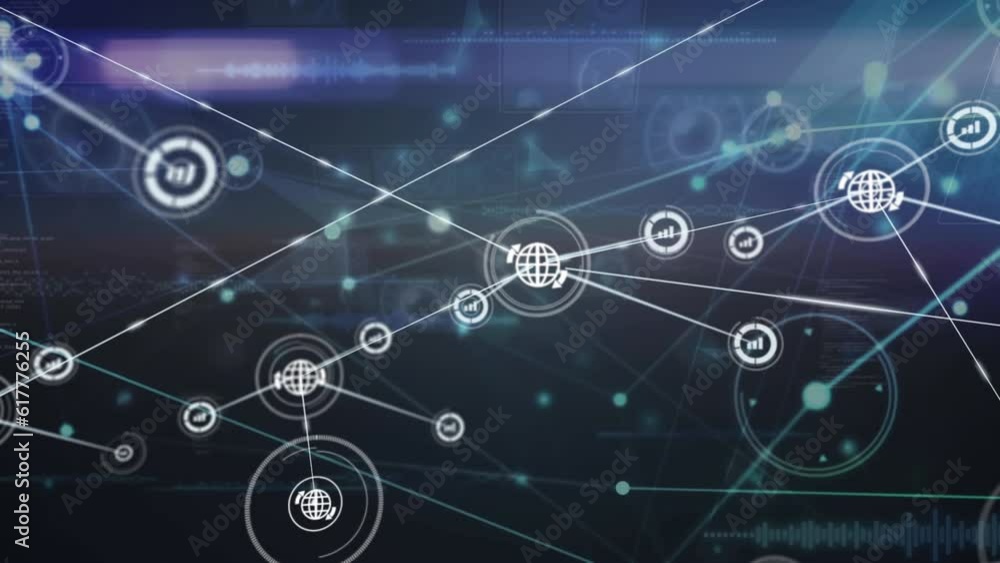 Animation of network of digital icons and light trails against blue background Animation of network of digital icons and light trails against blue background