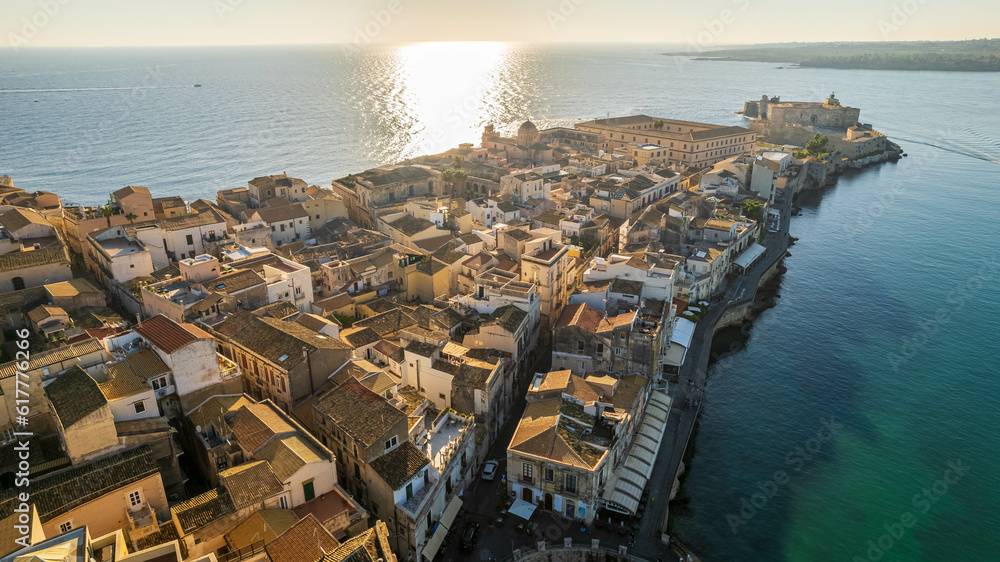 Aerial View of Ortigia Island in Syracuse at Dawn, Sicily, Italy, Europe, World Heritage Site