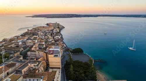 Fototapeta Naklejka Na Ścianę i Meble -  Aerial View of Ortigia Island in Syracuse at Dawn, Sicily, Italy, Europe, World Heritage Site