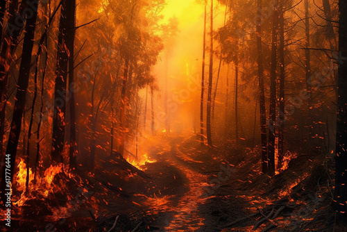 Forest fire. An alley or road among burning trees. Generative AI.