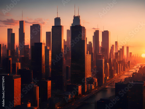 A photorealistic skyline of a huge city in the sunset genereated by ai