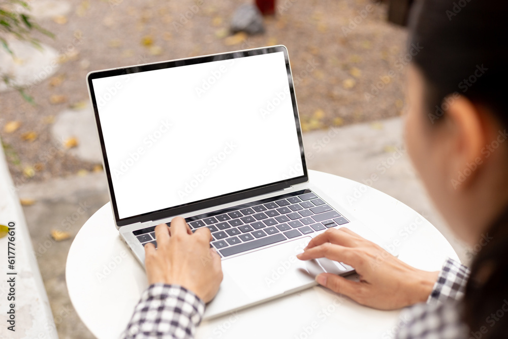 computer screen blank mockup.hand woman work using laptop with white ...