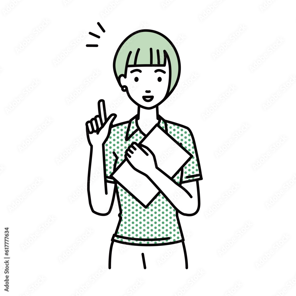 a woman in polo shirt getting ideas standing with document pointing hand gesture a woman in polo shirt getting ideas standing with document pointing hand gesture