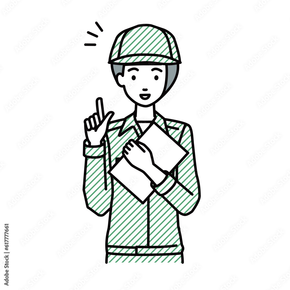 a blue-collar worker woman getting ideas standing with document pointing hand gesture a blue-collar worker woman getting ideas standing with document pointing hand gesture