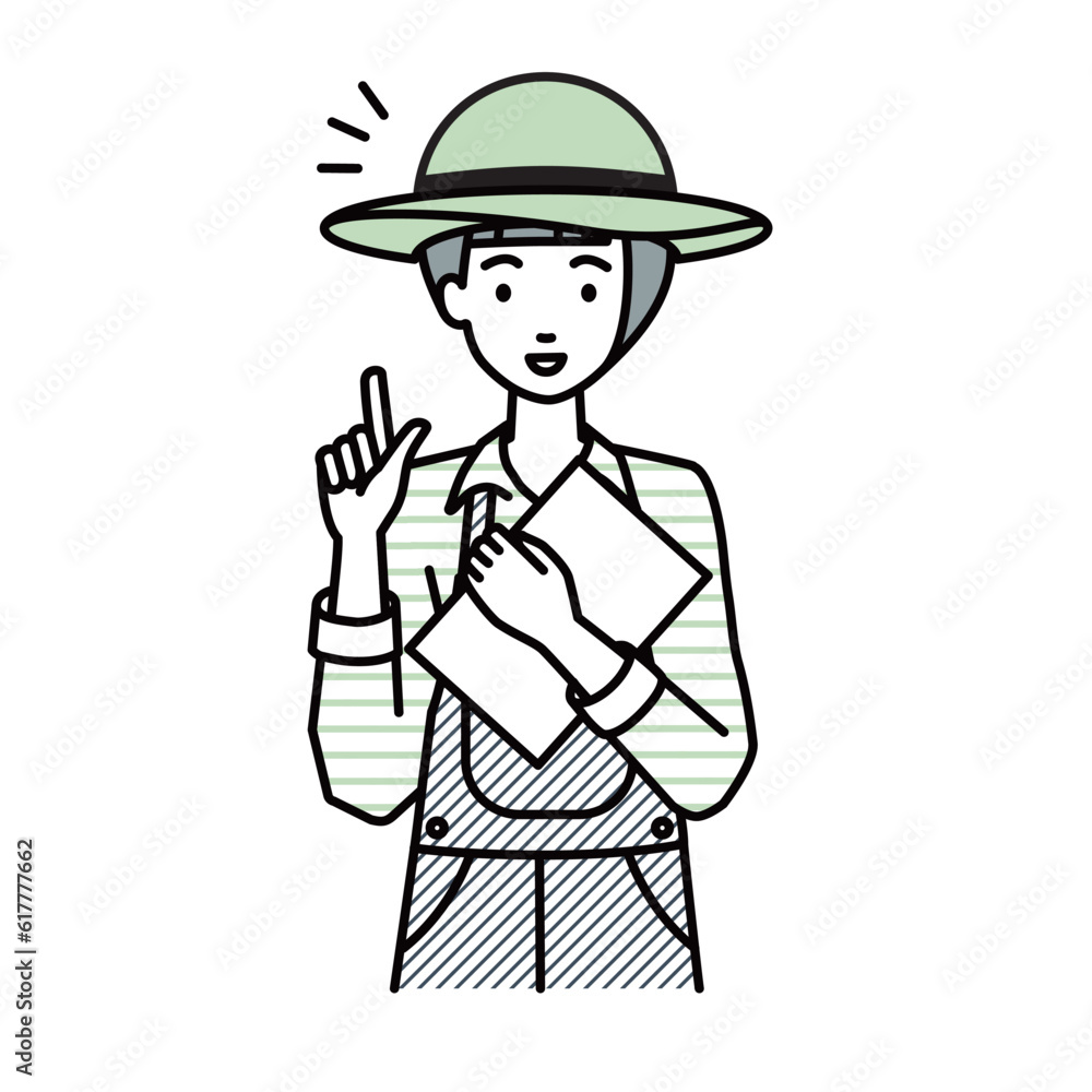 a farmer woman getting ideas standing with document pointing hand gesture