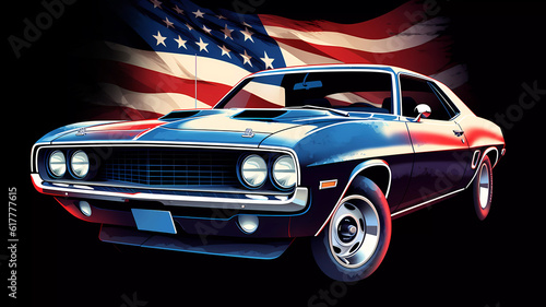 American Muscle Car with USA Flag