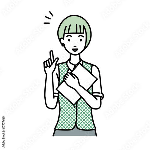 a woman in clerical uniform getting ideas standing with document pointing hand gesture