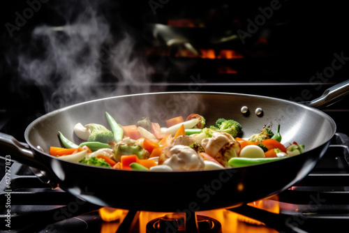 Fry mixed vegetables in the wok, asian style cooking