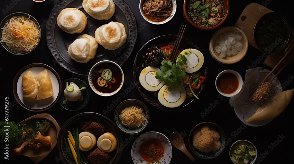 Top view of various Asian food