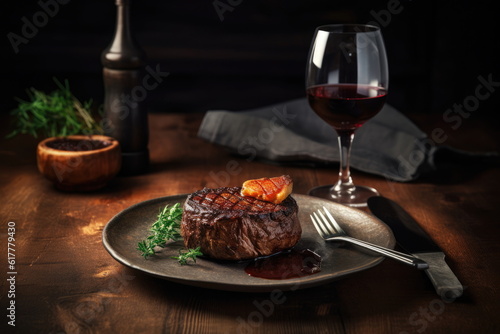 steak on the table with red wine glass