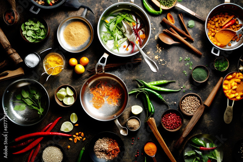 Spices and herbs on a wooden board. Pepper, salt, paprika, basil, turmeric. On a black wooden chalkboard. Top view. Free copy space