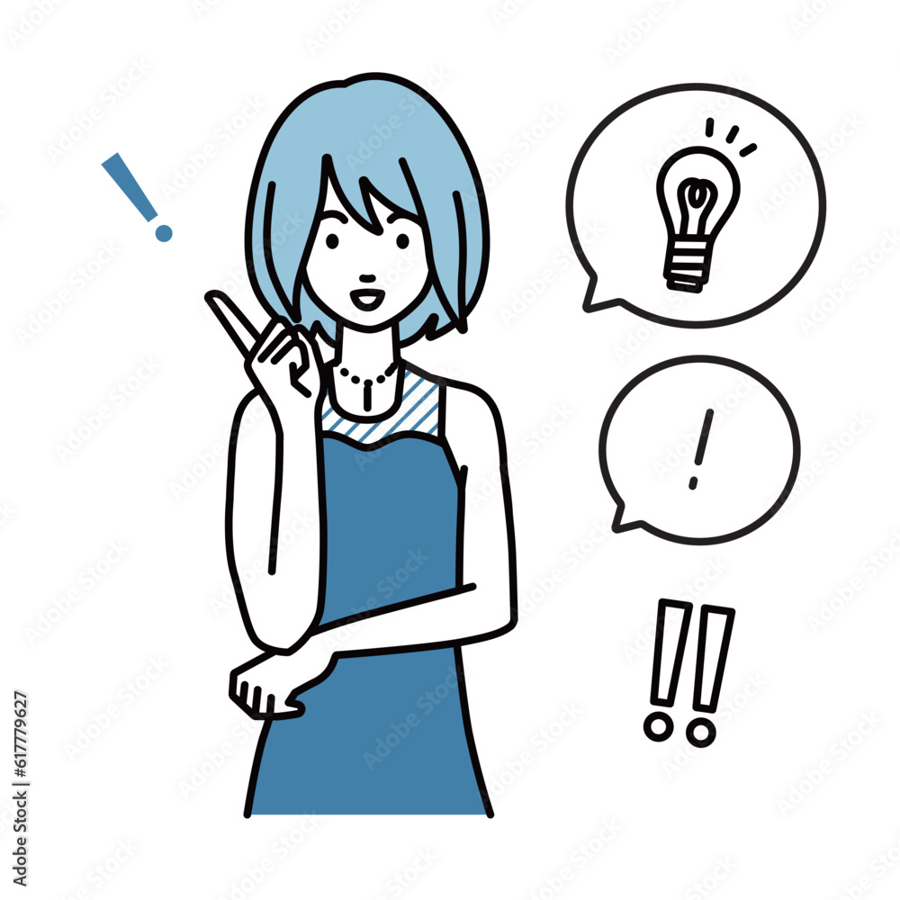 a woman in dress getting a great idea standing with pointing hand gesture light bulb and exclamation symbol set a woman in dress getting a great idea standing with pointing hand gesture light bulb and exclamation symbol set