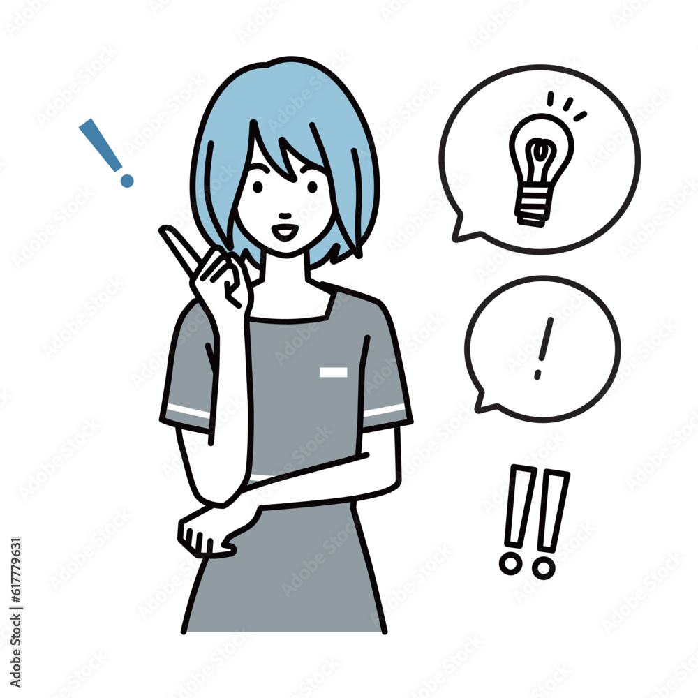 an esthetician woman getting a great idea standing with pointing hand gesture light bulb and exclamation symbol set an esthetician woman getting a great idea standing with pointing hand gesture light bulb and exclamation symbol set
