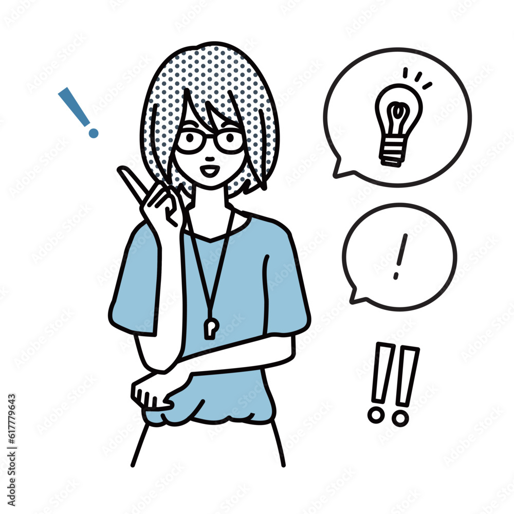 a woman teacher getting a great idea standing with pointing hand gesture light bulb and exclamation symbol set a woman teacher getting a great idea standing with pointing hand gesture light bulb and exclamation symbol set