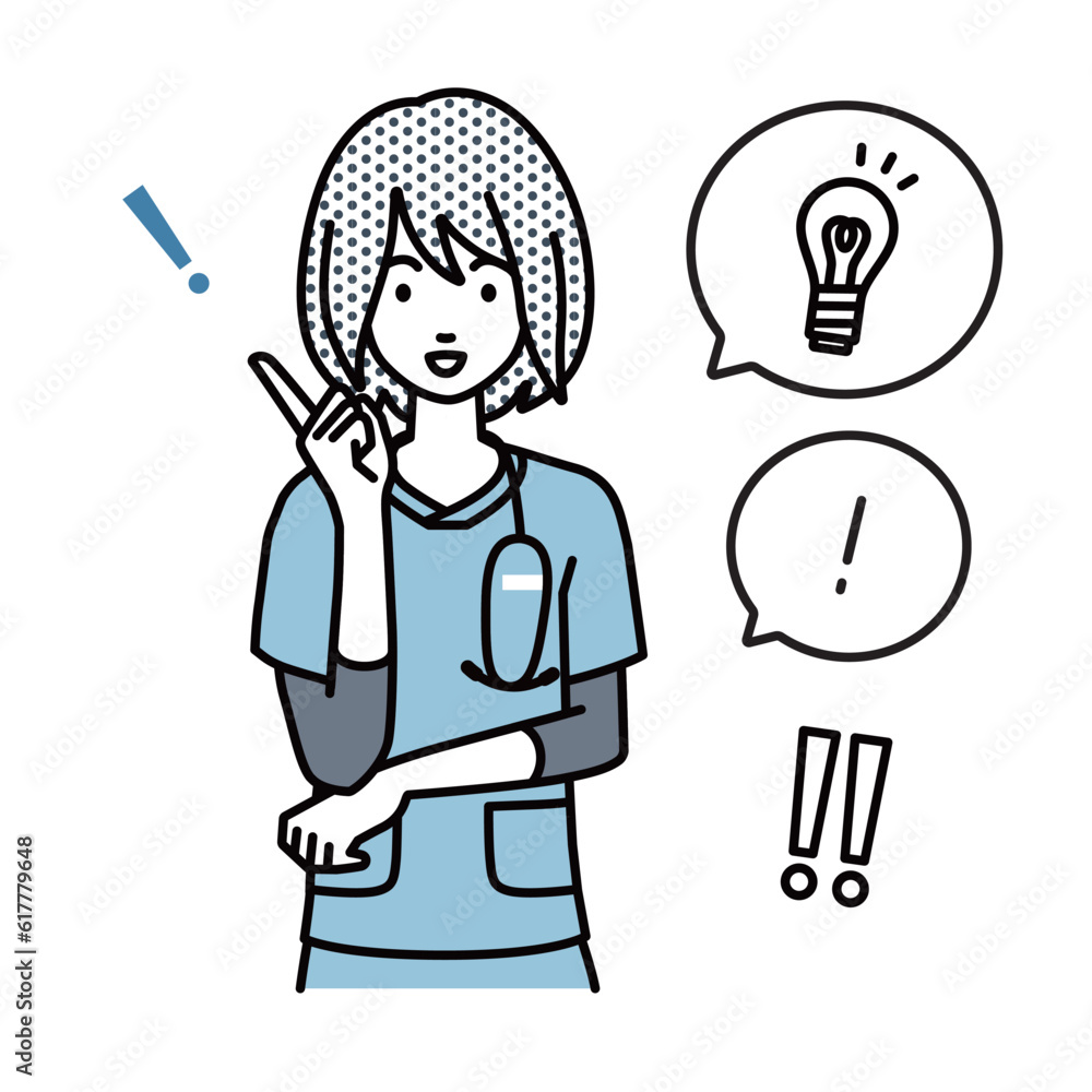 a nurse woman getting a great idea standing with pointing hand gesture light bulb and exclamation symbol set a nurse woman getting a great idea standing with pointing hand gesture light bulb and exclamation symbol set