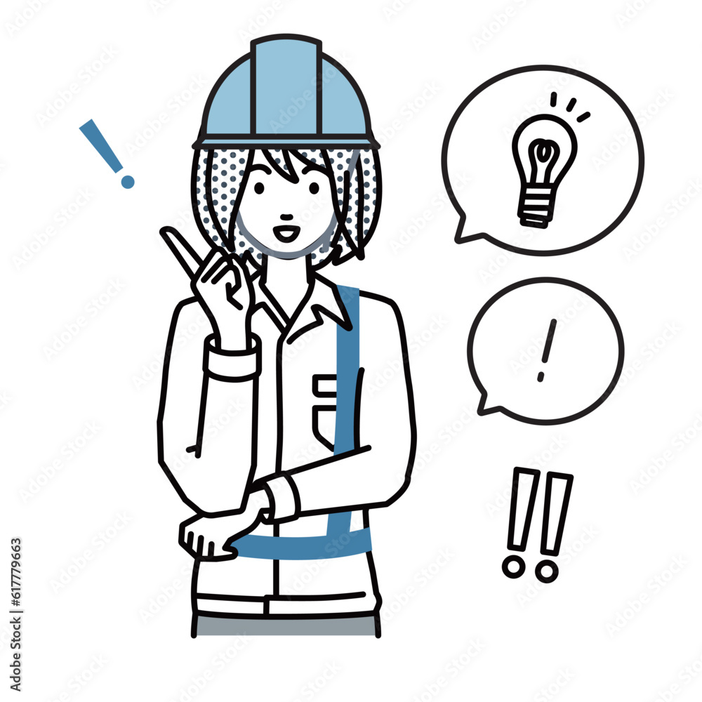 a woman working at construction sites getting a great idea standing with pointing hand gesture light bulb and exclamation symbol set a woman working at construction sites getting a great idea standing with pointing hand gesture light bulb and exclamation symbol set
