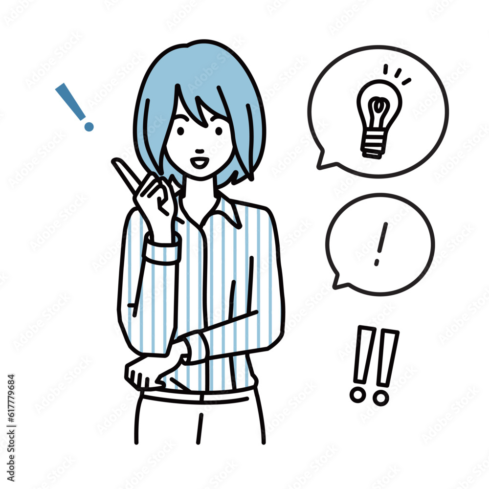 a woman in shirt work style getting a great idea standing with pointing hand gesture light bulb and exclamation symbol set