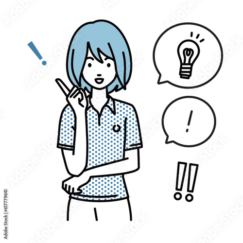 a woman in polo shirt getting a great idea standing with pointing hand gesture light bulb and exclamation symbol set